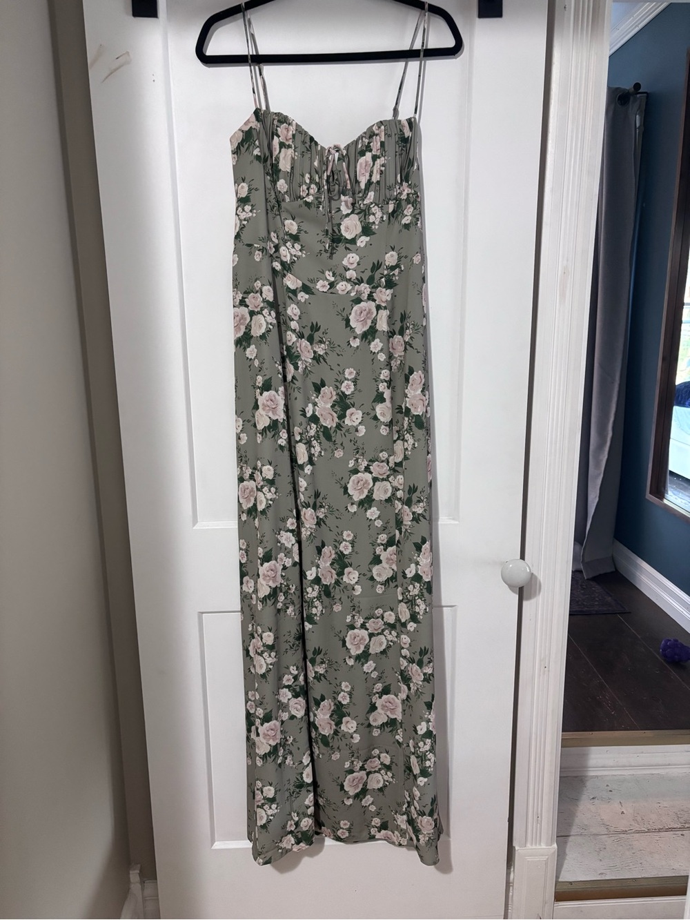 Park & Fifth Sage Green Floral Maxi Dress with Light Pink Roses